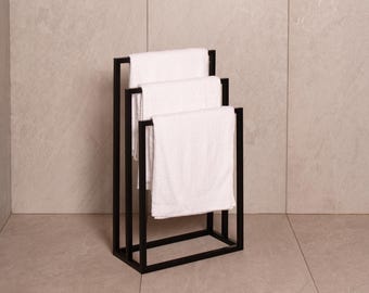 Freestanding Black Metal Towel Rack, Modern 3-Tier Bathroom Stand for Towels, Minimalist Floor Organizer