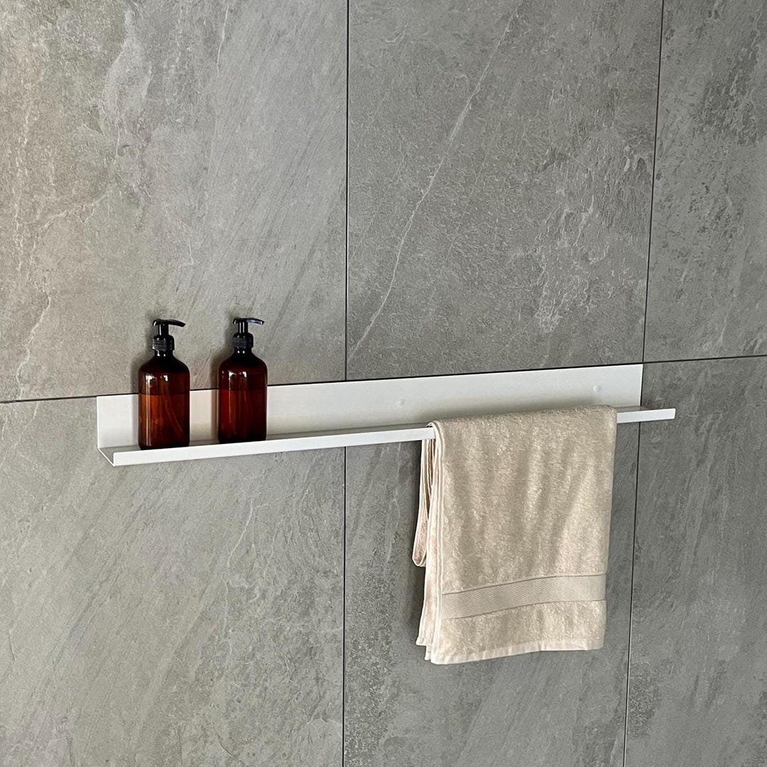 White Bathroom Shelf With Towel Bar, Modern Metal Wall Rack for Shower ...