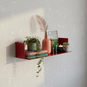 Könnte beinhalten: Ein rotes Metall-Wandregal mit verschiedenen dekorativen Gegenständen. Dazu gehören eine Topfpflanze, Bücher, eine rosa Vase, kleine Glasflaschen, ein gerahmtes Bild, eine Kerze und eine Sukkulente. Das Regal ist an einer strukturierten weißen Wand befestigt.