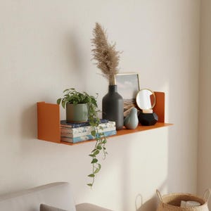 May include: An orange metal wall shelf displaying decorative items. A small potted plant, books, a black vase with dried grass, a framed picture, a mirror, and a decorative bird are arranged on the shelf. The shelf is mounted on a white wall.
