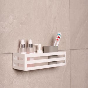 White Wall Mounted Bathroom Shelf, White Shower Organizer Rack for Toiletries and Toothbrush Storage