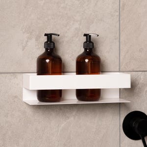 White Metal Shower Shelf, Wall Mounted Bathroom Organizer for Bottles, Minimal Floating Storage Rack