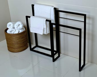 Freestanding Towel Stands - Modern Black Steel Racks for Bathroom, Spa & Home Use
