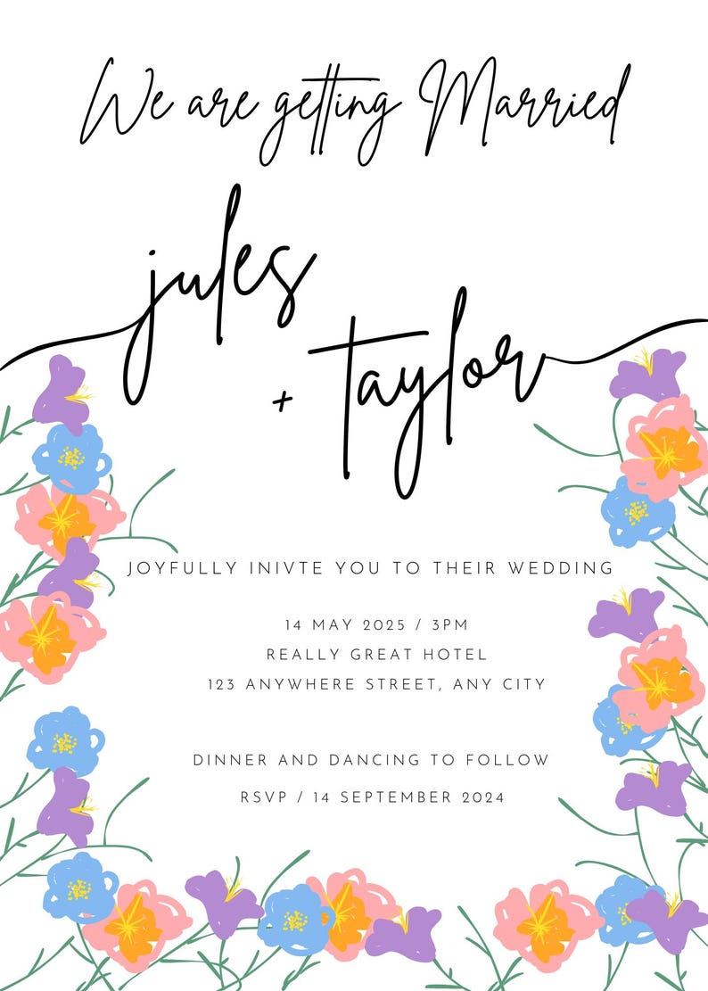 Hand Drawn Doodled Floral Wedding Invitation Template Doodled Floral ...