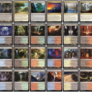 May include: A collection of Magic: The Gathering trading cards. The cards feature various fantasy landscapes and artwork, with text and mana symbols. The cards are in a variety of colors, including black, white, blue, green, and red.