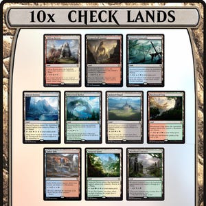 May include: A collection of ten Magic: The Gathering "Check Lands" trading cards. Each card features unique fantasy artwork and text, with titles like "Cliffop Retreat" and "Dragonskull Summit". The cards are displayed in a grid formation.
