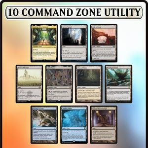 May include: A collection of ten Magic: The Gathering cards, labeled "10 Command Zone Utility." The cards feature various landscapes and fantasy art, including a temple, archway, and underwater scenes. The cards are in English.