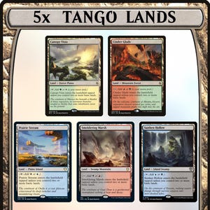 May include: A collection of five Magic: The Gathering "Tango Lands" cards. Each card features a unique landscape illustration and text. The cards are labeled "Canopy Vista", "Cinder Glade", "Prairie Stream", "Smoldering Marsh", and "Sunken Hollow".