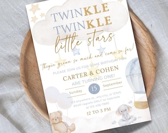Editable Twins First Birthday Invitation TWINkle TWINkle Little Stars Boy Girl