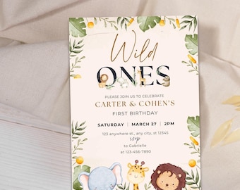 Editable Twins First Birthday Wild Ones Invitation