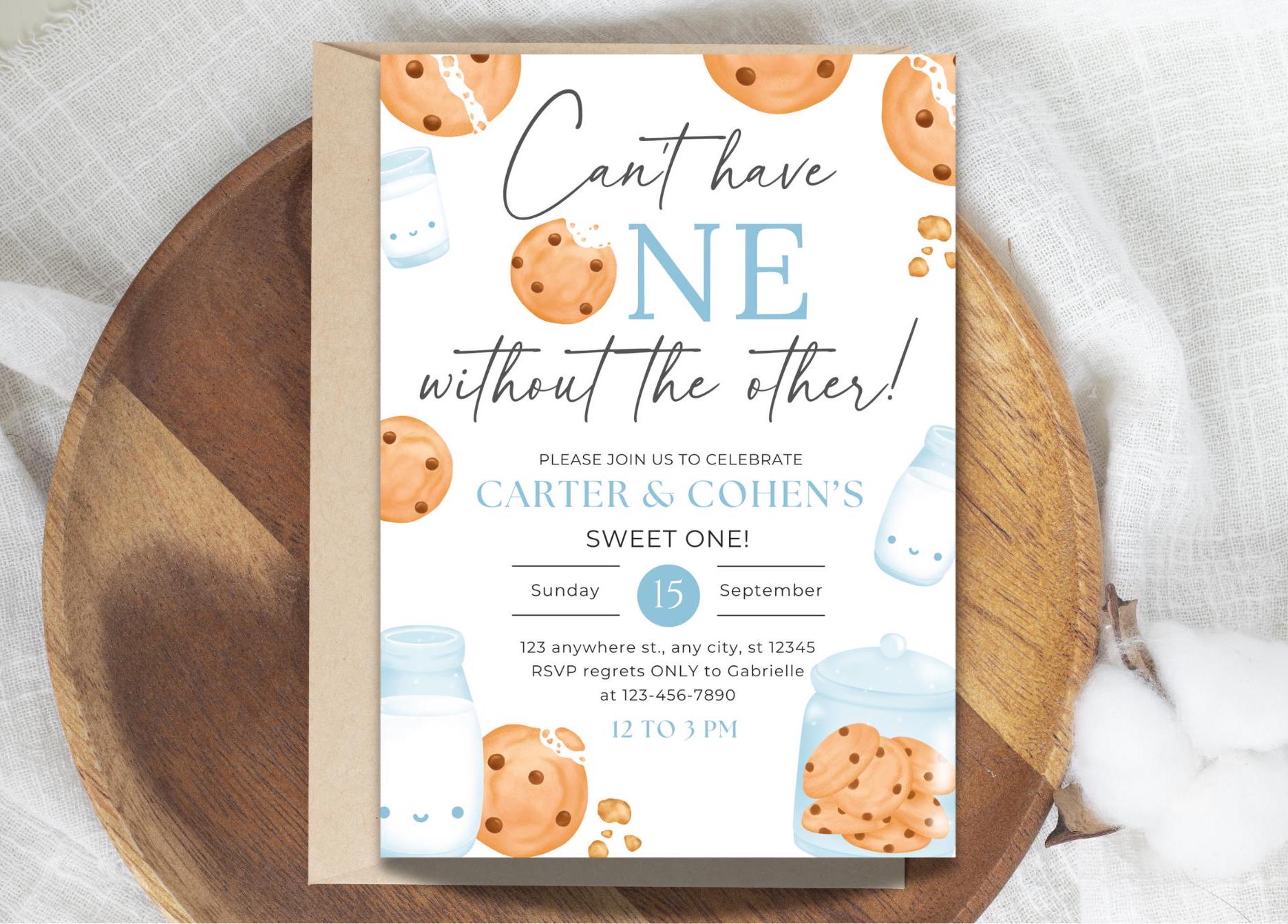 Editable Twins Boy Girl First Birthday Invitation Milk Cookies Theme