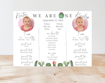 Editable Twins First Birthday Milestone Poster Sign Prickly Pair Cactus