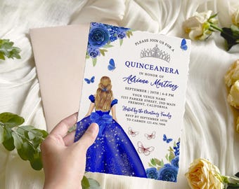 May include: A Quinceañera invitation with a blue and white color scheme. The invitation features a cartoon illustration of a girl in a blue dress with a crown and butterflies. The text on the invitation reads "Please join us for a Quinceañera in honor of Adriana Martinez, September 20th 6-8 PM, Your Venue Name, 5253 Parker Street, 2nd Main, Fremont, California, Hosted by the Martinez Family, RSVP by September 10th to Carmen 123.456.7890."