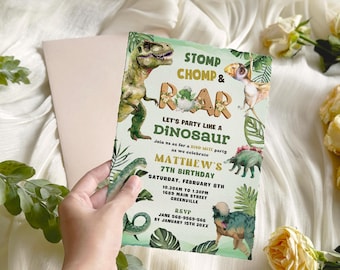 May include: A green and brown dinosaur party invitation with a green, brown, and yellow dinosaur illustration. The text on the invitation reads "Stomp Chomp & Roar Let's Party Like a Dinosaur Matthew's 7th Birthday Saturday, February 8th 10:30am to 1:30pm 1689 Main Street Greenville RSVP Jane 568-9569-566 by January 15th 20XX".