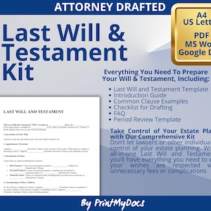 Editable Last Will and Testament Template | Legal Will Guide and Form | Instant Download PDF