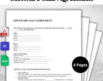 May include: A black and white legal document titled "Software Sale Agreement". The document is a template for a software sale agreement between a seller and a buyer. The document includes sections for the seller's and buyer's contact information, software description, and the terms of the sale.