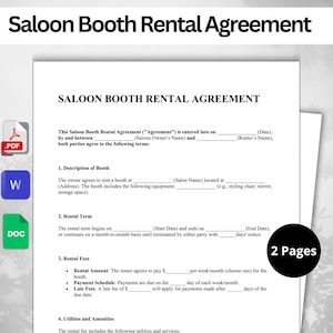 Contrato de alquiler de cabina de salón editable - PDF / Word / Tamaño A4 y Carta de EE. UU.