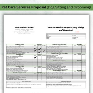 Pode incluir: Um formulário de proposta de serviços de cuidados com animais de estimação imprimível em preto e branco com uma lista de verificação para passear cães, tosquia, alimentação e necessidades dietéticas especiais. O formulário inclui seções para cuidados com o lar e a propriedade, cuidados com animais de estimação e cuidados durante a noite, cuidados de emergência para animais de estimação, serviços especiais para animais de estimação a pedido e verificações de saúde e bem-estar. O formulário também inclui uma seção para os termos e condições.