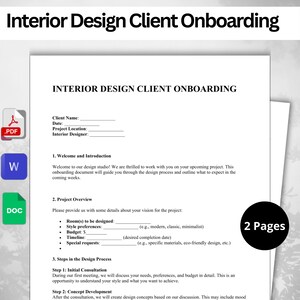 Pode incluir: Um documento preto e branco intitulado "Interior Design Client Onboarding" com seções para informações do cliente, boas-vindas e introdução, visão geral do projeto e etapas do processo de design. O documento tem duas páginas.