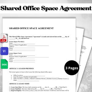 Puede incluir: Un documento en blanco y negro titulado "Shared Office Space Agreement" con una sección para la información del arrendador y del arrendatario. El documento incluye secciones para las instalaciones arrendadas y el plazo del arrendamiento. El documento tiene 3 páginas.