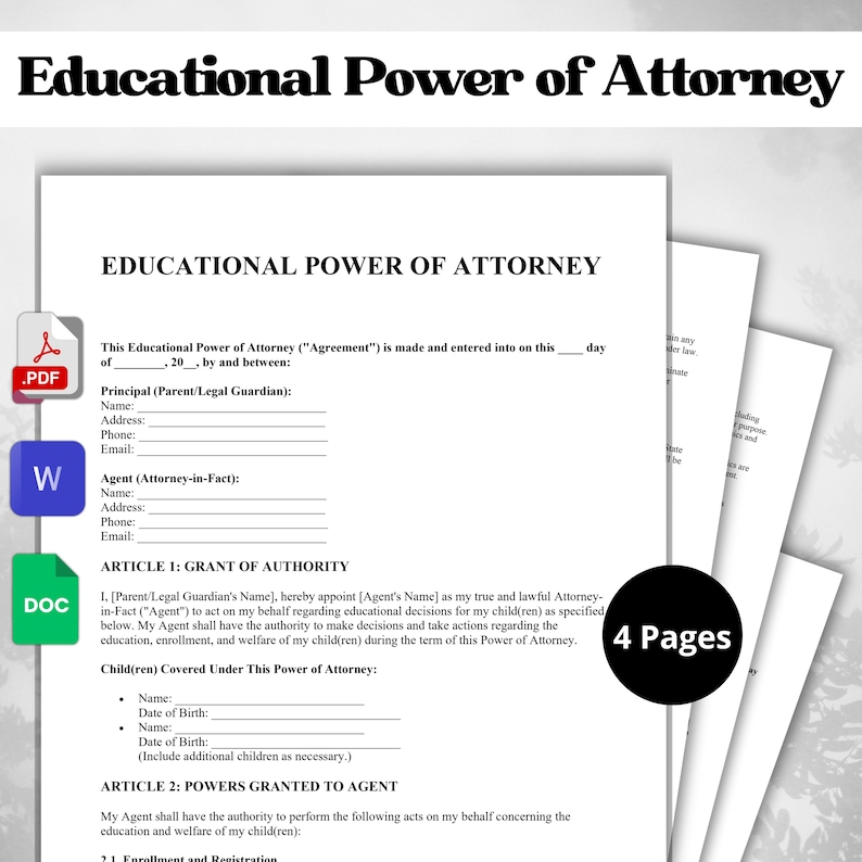Educational Power of Attorney Editable POA Form PDF, Word, Google