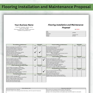 May include: A black and white flooring installation and maintenance proposal template. The document includes a checklist of tasks for tile, parquet, carpet, and flooring installation and maintenance. The document also includes a section for terms and conditions.