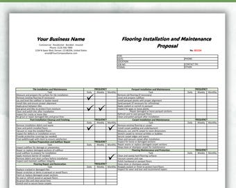 Könnte beinhalten: Eine schwarz-weiße Vorlage für einen Vorschlag zur Installation und Wartung von Bodenbelägen. Das Dokument enthält eine Checkliste mit Aufgaben für die Installation und Wartung von Fliesen-, Parkett-, Teppich- und Bodenbelägen. Das Dokument enthält auch einen Abschnitt für die Allgemeinen Geschäftsbedingungen.