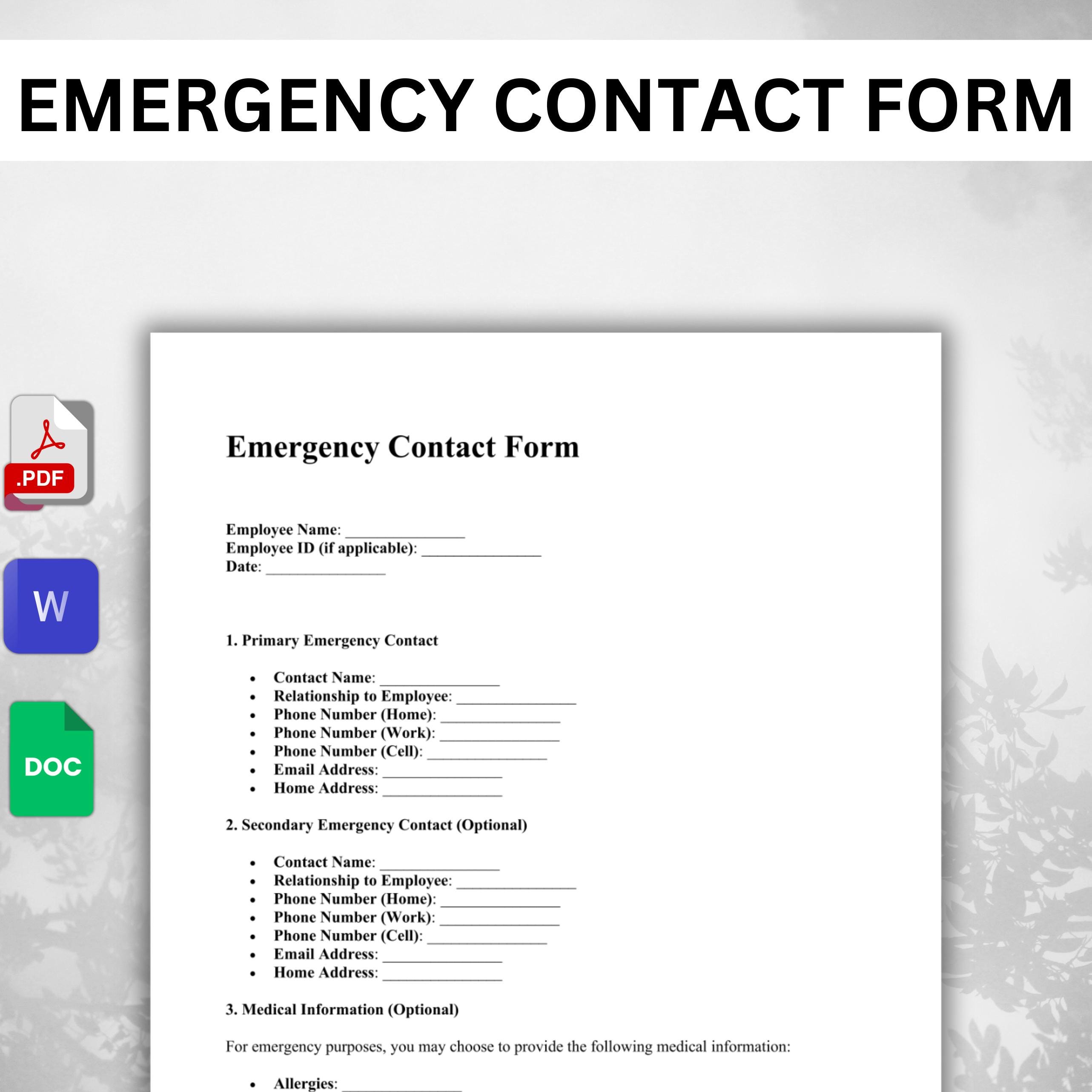 Editable Emergency Contact Form Template – Word, PDF, Google Docs - Etsy