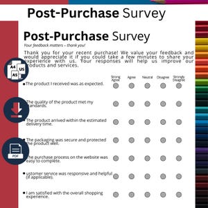 May include: A black and white survey with the title "Post-Purchase Survey". The survey asks questions about the customer's experience with a product or service. The questions include: "The product I received was as expected", "The quality of the product met my standards", "The product arrived within the estimated delivery time", "The packaging was secure and protected the product well", "The purchase process on the website was easy to complete", "Customer service was responsive and helpful (if applicable)", and "I am satisfied with the overall shopping experience". The customer can answer each question by selecting one of five options: "Strongly Agree", "Agree", "Neutral", "Disagree", or "Strongly Disagree".
