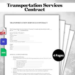 May include: A black and white document titled "Transportation Services Contract" with a section for the Service Provider and Client information. The document includes details about the scope of services, including the type of transportation, start and end dates, pickup and destination locations, vehicles, and drivers.