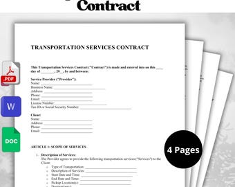 May include: A black and white document titled "Transportation Services Contract" with a section for the Service Provider and Client information. The document includes details about the scope of services, including the type of transportation, start and end dates, pickup and destination locations, vehicles, and drivers.