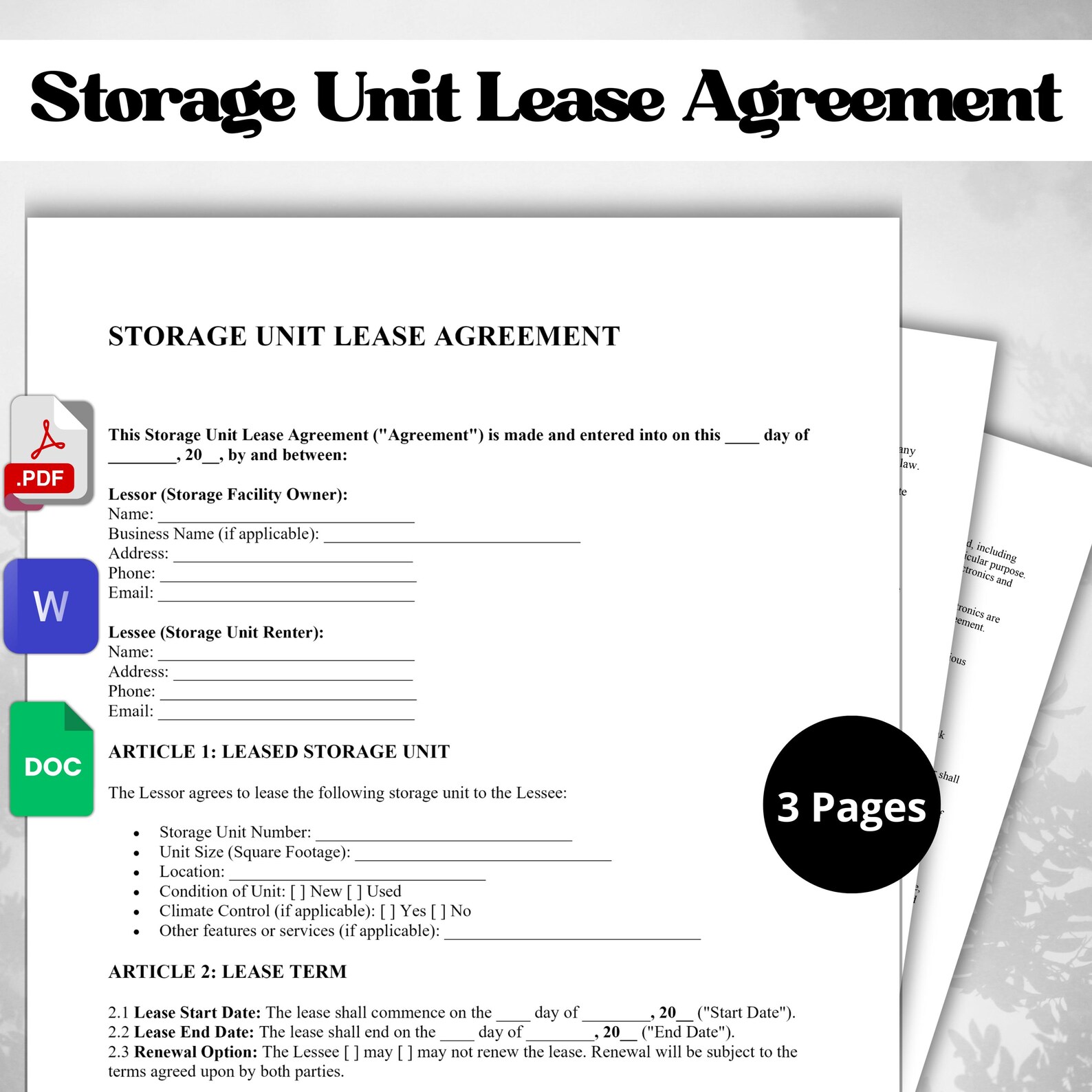Editable Storage Layout Editable Storage Unit Lease Agreement | Editable PDF, Google Doc, Word ...