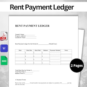 Puede incluir: Un libro de registro de pago de alquiler blanco con el título "Rent Payment Ledger" en texto negro en negrita. El documento incluye campos para la información del inquilino y del propietario, detalles del alquiler y condiciones de pago. Disponible en PDF, DOC y W.