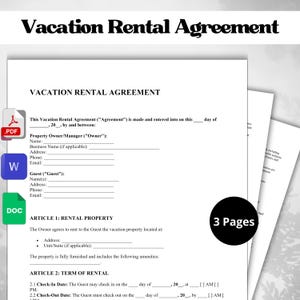 Puede incluir: Un documento en blanco y negro titulado "Vacation Rental Agreement" con una sección para la información del propietario/administrador y del huésped. El documento incluye secciones para los detalles de la propiedad de alquiler y el plazo del alquiler.