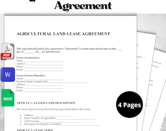 Editable Agricultural Land Lease Agreement | Editable PDF, Google Doc, Word | Legal & Secure