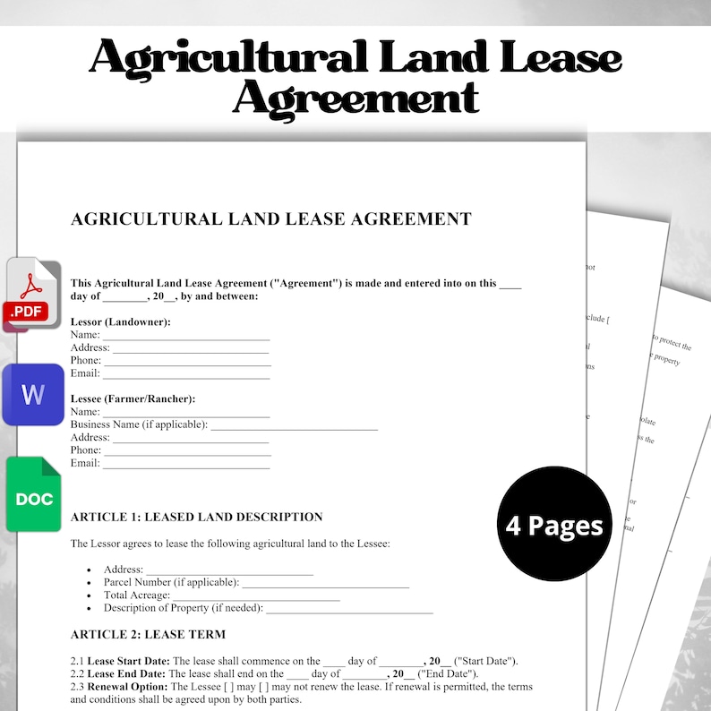 Agricultural Land Lease Agreement Editable PDF, Google Doc, Word Legal