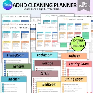 May include: A printable cleaning planner for people with ADHD. The planner includes checklists for different rooms of the house, such as the kitchen, bathroom, bedroom, and living room. The planner is designed to help people stay organized and on track with their cleaning tasks. The planner is available in multiple colors and is editable and printable.