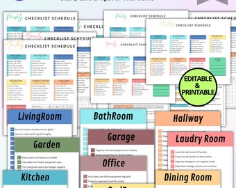 May include: A printable cleaning planner designed for people with ADHD. The planner features checklists for various rooms in the home, including the kitchen, bathroom, bedroom, and living room. It's designed to help people stay organised and on top of their cleaning tasks. The planner is available in a range of colours and is editable and printable.