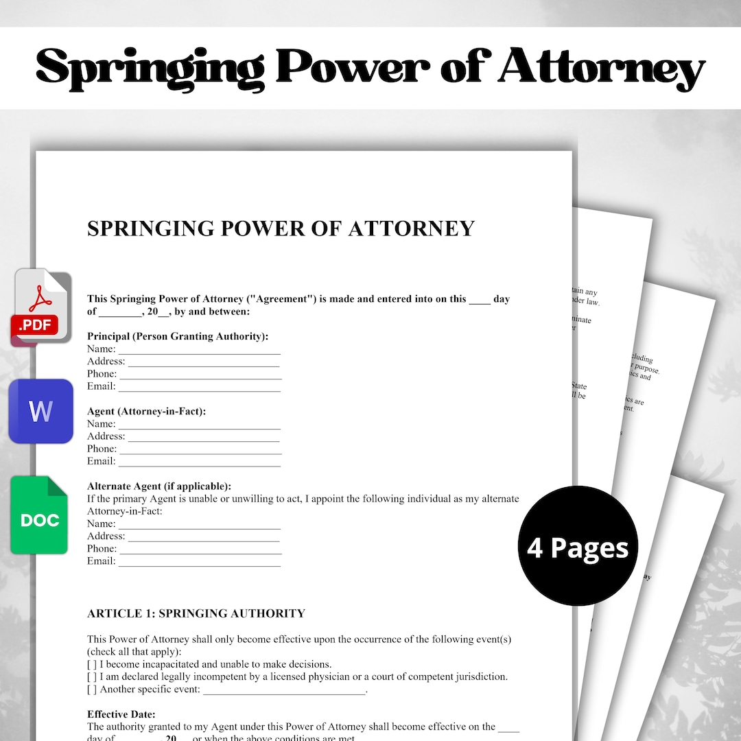 Springing Power of Attorney Agreement Editable PDF, Google Doc, Word ...