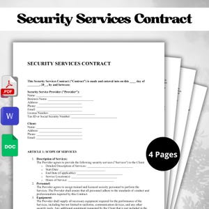 Puede incluir: Un documento en blanco y negro titulado "Security Services Contract" con una sección para la información del proveedor de servicios de seguridad y del cliente. El documento está dividido en secciones con encabezados como "Descripción de los servicios", "Personal" y "Equipo". El documento tiene 4 páginas.
