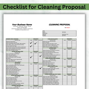 May include: A cleaning proposal checklist with a table listing common areas, stairs and hallways, kitchen and break area, restrooms, offices and workstations, entrance and reception, doors (interior and exterior), miscellaneous tasks, storage rooms and utility areas, and exterior areas. Each area has a list of cleaning tasks with checkboxes for daily, weekly, and monthly frequency.