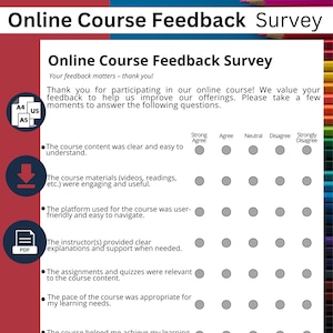 Puede incluir: Una encuesta en blanco y negro con el título "Online Course Feedback Survey". La encuesta hace preguntas sobre la claridad del contenido del curso, la participación de los materiales del curso, la facilidad de uso de la plataforma, el apoyo del instructor, la relevancia de las tareas, el ritmo del curso y la efectividad general del curso.
