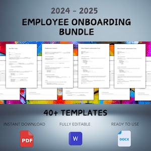Puede incluir: Un paquete de productos digitales para la incorporación de empleados, con más de 40 plantillas. El paquete incluye una carta de oferta de trabajo, un contrato de trabajo, un formulario de autorización de depósito directo y más. El texto "2024 - 2025 Employee Onboarding Bundle" está en la parte superior de la imagen. El texto "40+ Templates" está en el centro de la imagen. El texto "Instant Download" está en la parte inferior izquierda de la imagen. El texto "Fully Editable" está en la parte inferior central de la imagen. El texto "Ready to Use" está en la parte inferior derecha de la imagen. La imagen también incluye iconos para PDF, Word y DOCX.