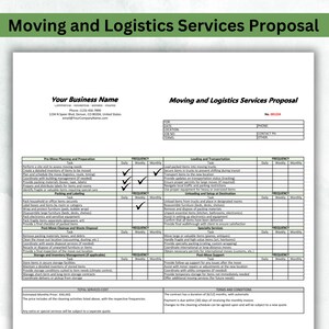 May include: A moving and logistics services proposal template with a checklist of tasks, frequencies, and estimated monthly price. The proposal includes pre-move planning, packing and labeling, loading and transportation, unloading and setup, post-move cleanup, storage and inventory management, and specialty services.