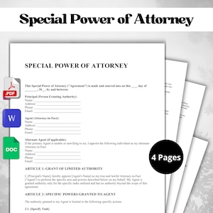 May include: A legal document titled "Special Power of Attorney" with sections for the Principal, Agent, and Alternate Agent. The document outlines the grant of limited authority and specific powers granted to the agent.