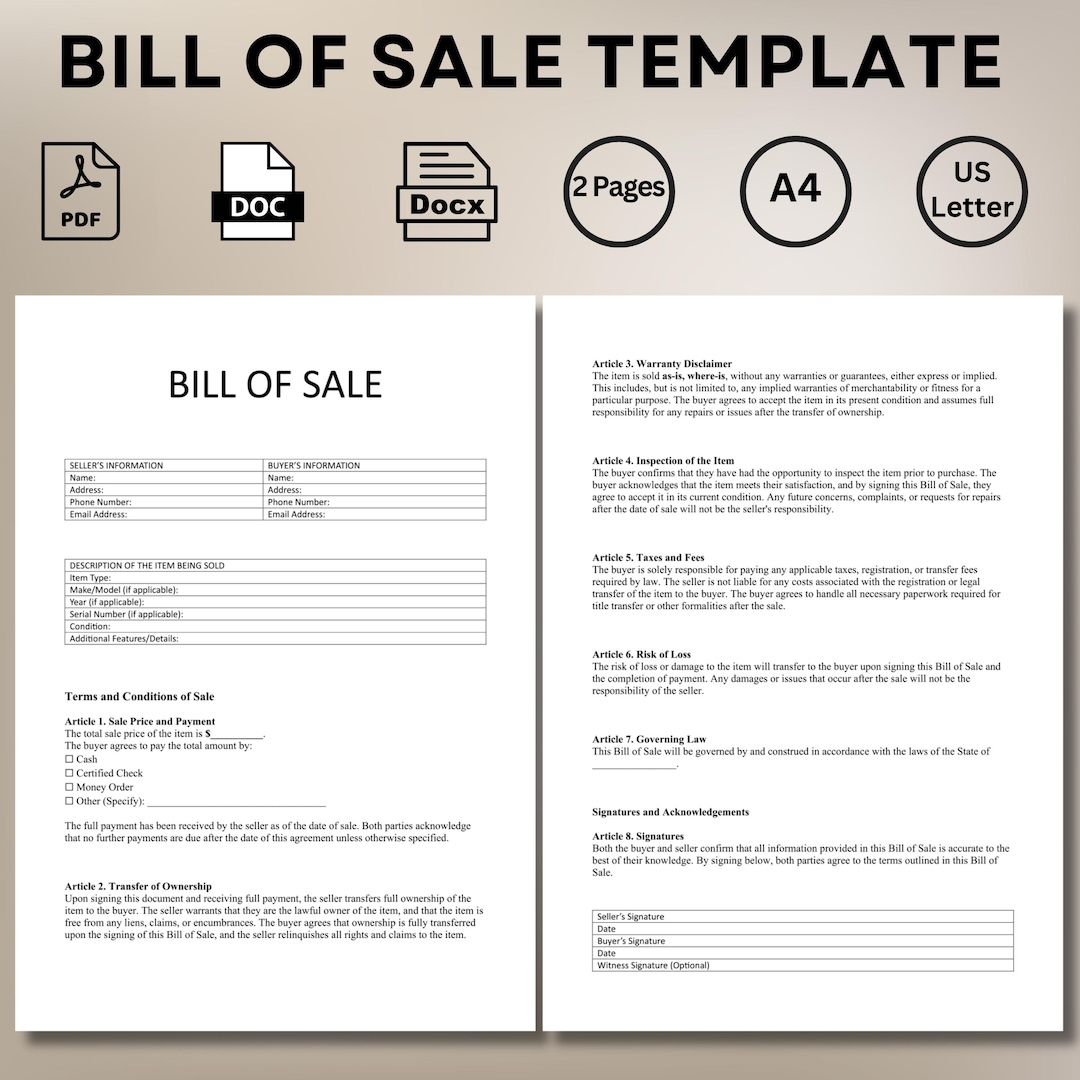 Generic Bill General Bill of Sale Template – Editable PDF & Word A4/US Letter - Etsy