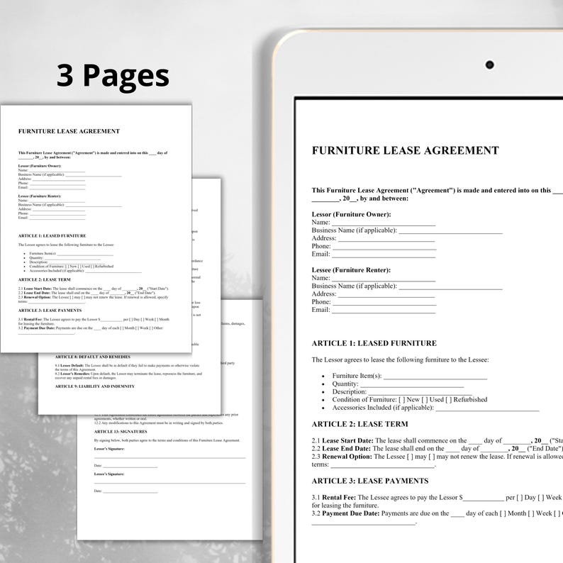 May include: A black and white printable furniture lease agreement form. The form includes sections for the Lessor and Lessee, as well as details about the leased furniture, lease term, and payment information.