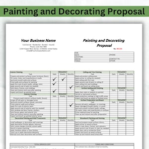 May include: A painting and decorating proposal form with a checklist of tasks, frequency, and pricing. The form includes interior painting, exterior painting, decorative painting and wall treatments, ceiling and trim painting, surface sealing and finishing, surface preparation and repair, and woodwork painting and staining.
