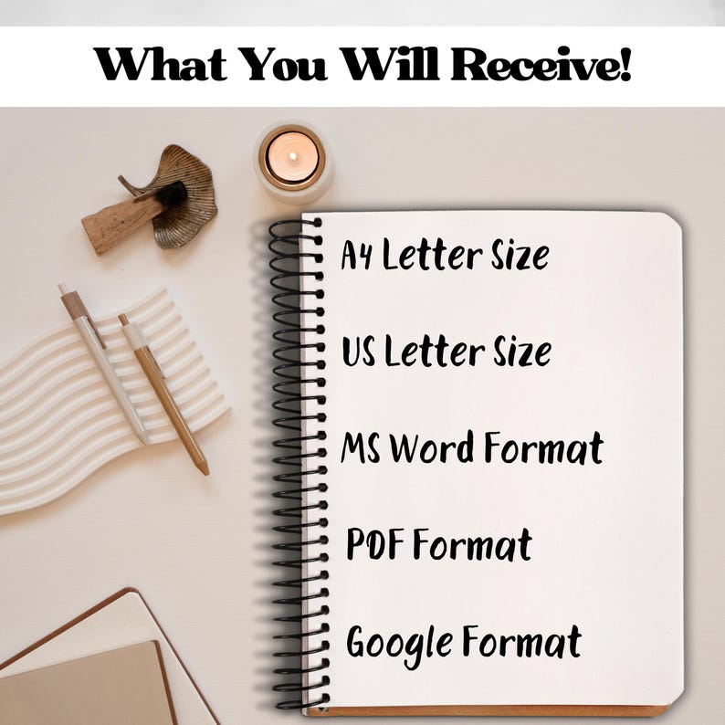 May include: A white notebook with a black spiral binding. The notebook lists the following file formats: A4 Letter Size, US Letter Size, MS Word Format, PDF Format, Google Format.