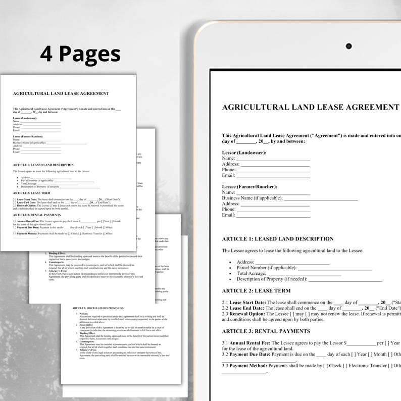 Agricultural Land Lease Agreement Editable PDF, Google Doc, Word Legal